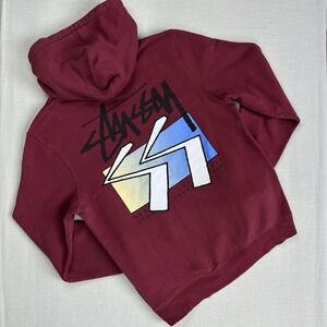 Stussy SS Cube Logo Hoodie Sweatshirt Men M Maroon Burgundy Red Script Skate
